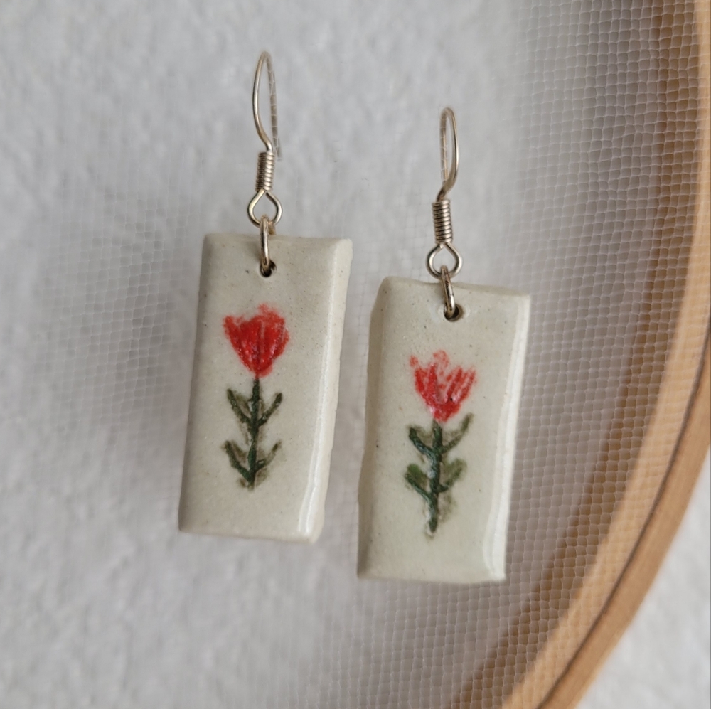 Ceramic Indian Paintbrush Flower Earrings Silver Plated Red Floral